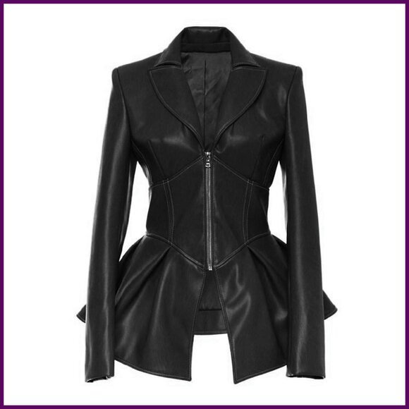 Faux Leather Biker Jacket Zip Up Long Sleeve Slim Fit